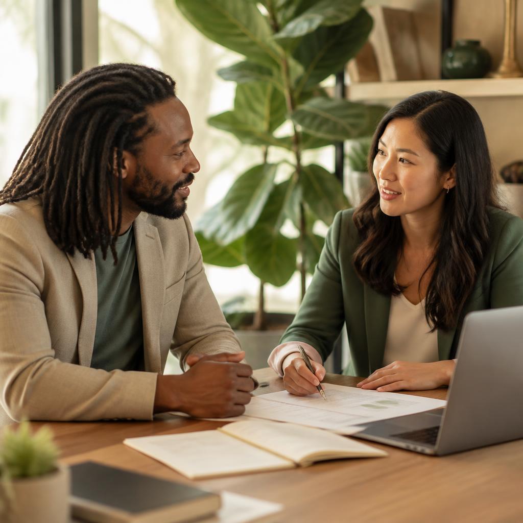 Two people in a calm, professional consultation reviewing documents