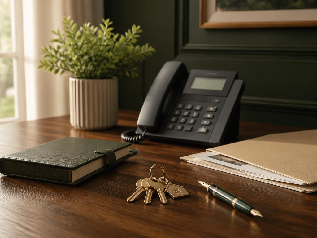 A warm, professional desk with a phone, house keys, notebook, and property folder — ready for a confidential consultation
