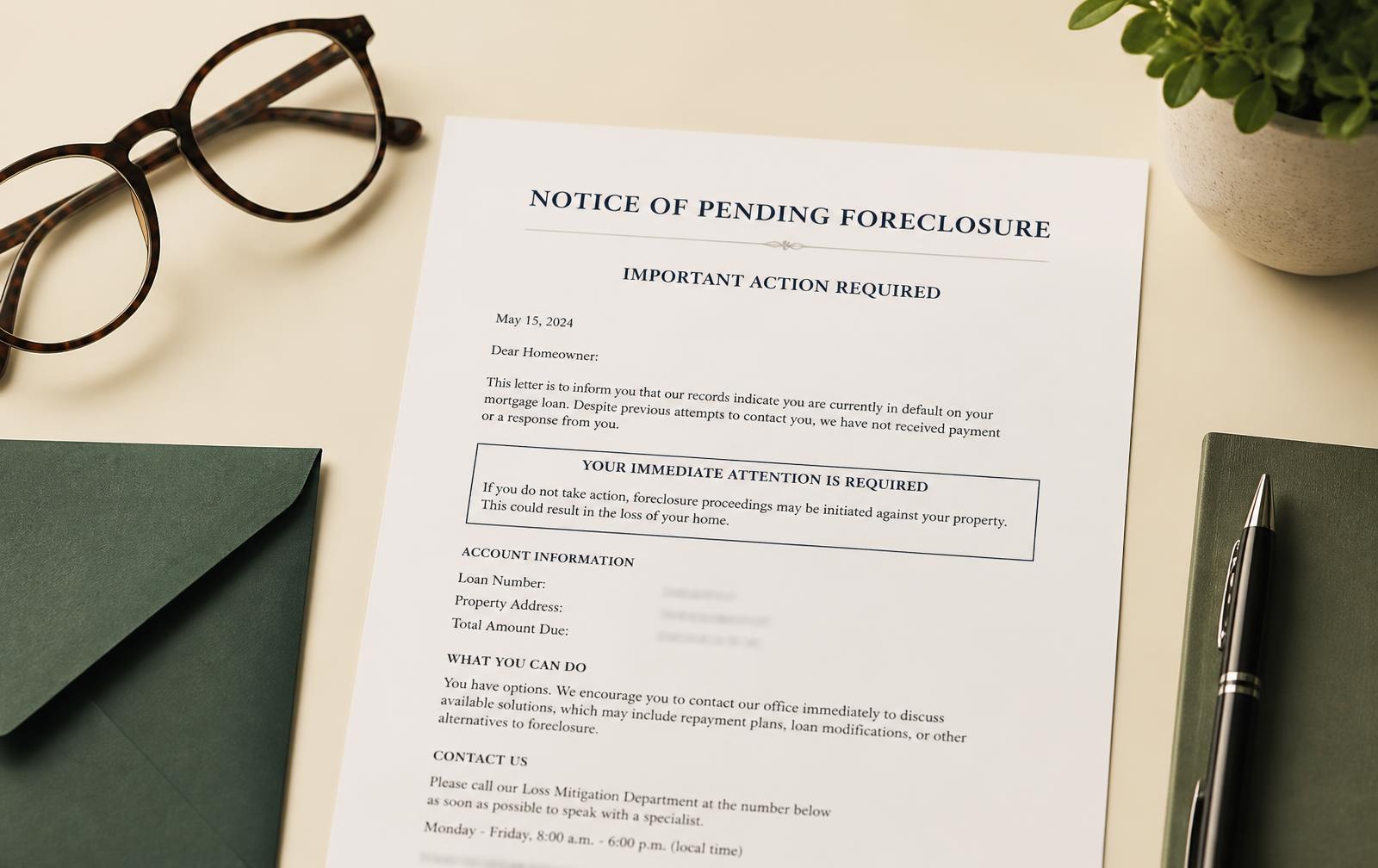 Mock foreclosure notice letter on a desk with reading glasses, a pen, and a green envelope
