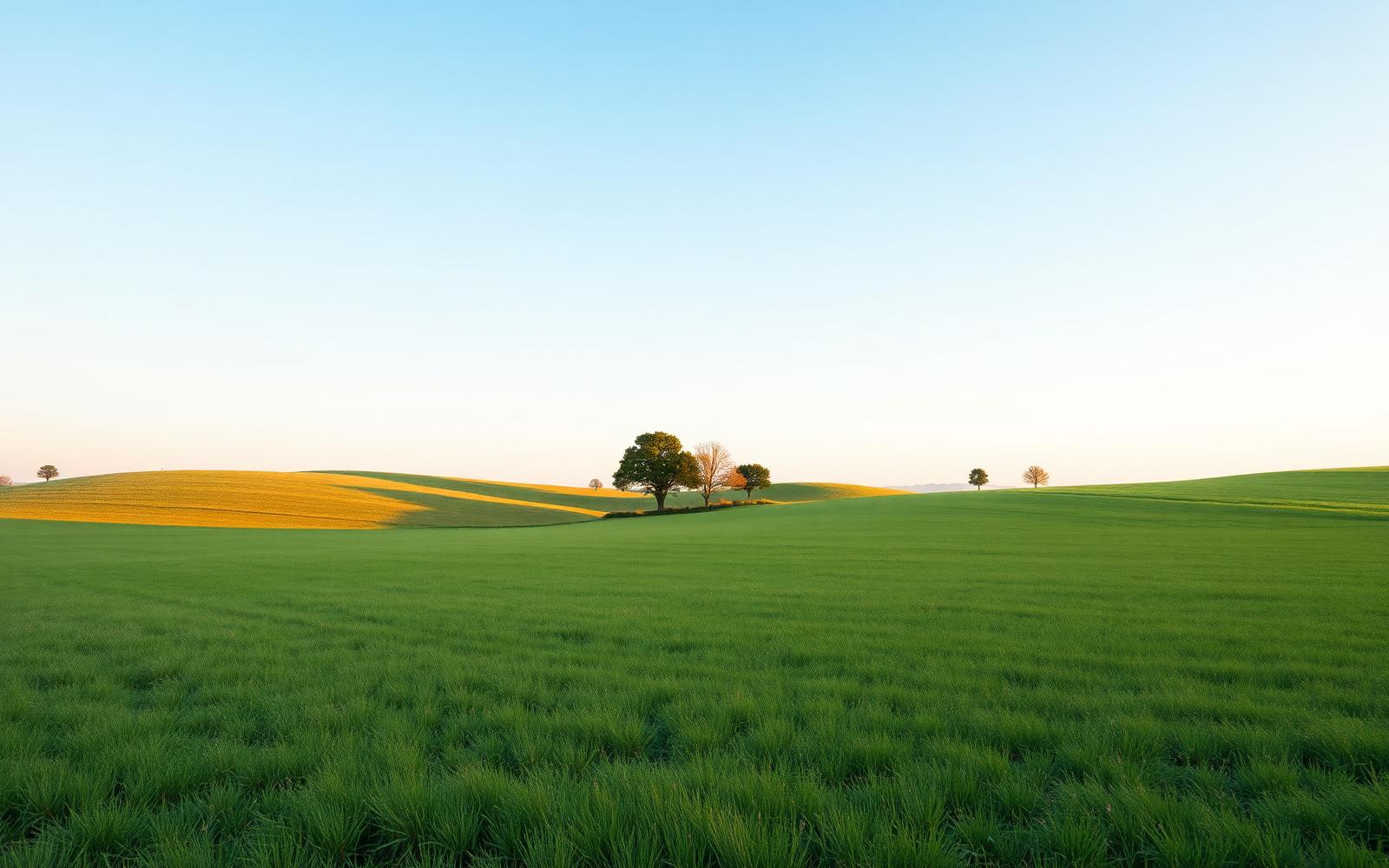 Open green vacant land with a soft blue sky
