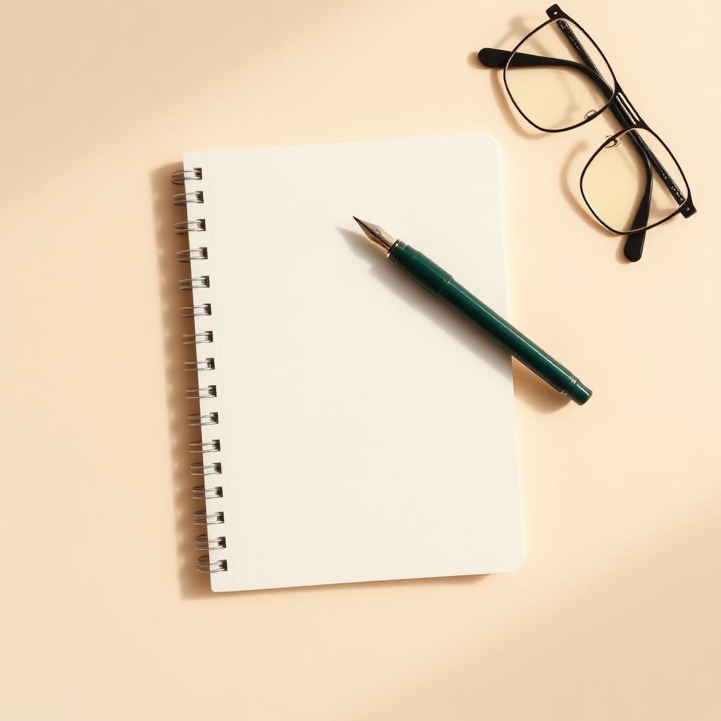 A blank notebook, fountain pen, and eyeglasses on a warm cream desk